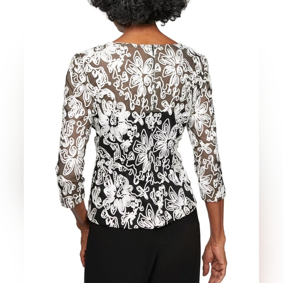 ALEX EVENINGS Allover SoutaTull Trim Embellished Tulle Blouse - Picture 2 of 9